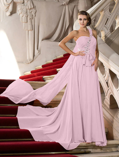 A-Line Elegant Dress Wedding Guest Engagement Court Train Sleeveless One Shoulder Chiffon with Crystals Draping