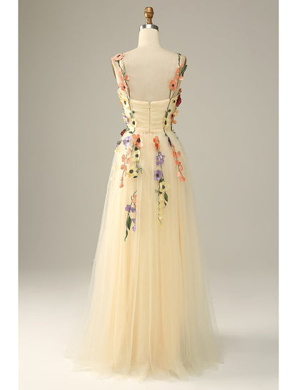 A-Line Wedding Guest Dresses Floral Dress Holiday Prom Floor Length Sleeveless Spaghetti Strap Tulle with Appliques