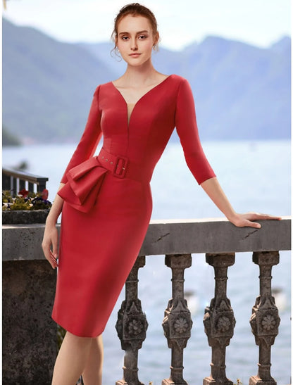 Sheath / Column Cocktail Dresses Cocktail Party Knee Length Christmas Red Green Dress 3/4 Length Sleeve V Neck Polyester with Ruffles Slit