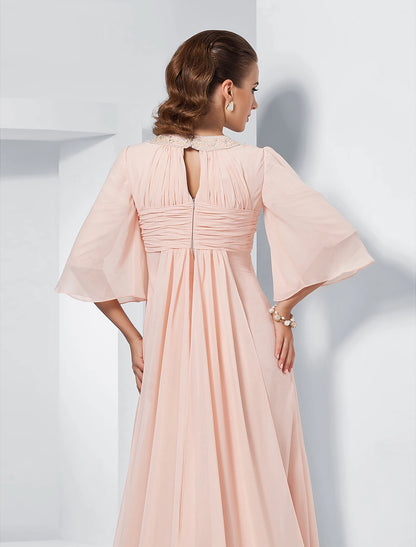 A-Line Special Occasion Dresses Elegant Dress Wedding Guest Formal Evening Sweep / Brush Train Half Sleeve Jewel Neck Chiffon with Beading Draping