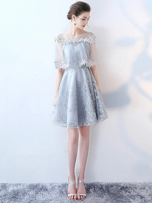A-Line Minimalist Elegant Party Wear Cocktail Party Dress Jewel Neck Half Sleeve Short / Mini Tulle with Lace Insert Pattern / Print