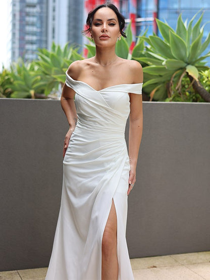 Sheath/Column Stretch Crepe Ruched Off-the-Shoulder Sleeveless Sweep/Brush Train Wedding Dresses