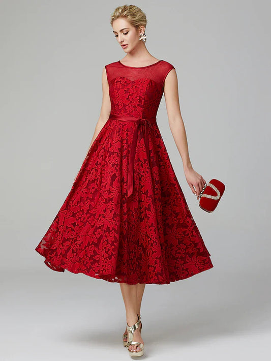 A-Line Elegant Dress Cocktail Party Tea Length Sleeveless Illusion Neck All Over Floral Lace with Pleats