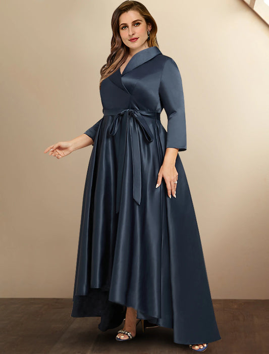 A-Line Mother of the Bride Dresses Plus Size Hide Belly Curve High Low Dress Formal Asymmetrical 3/4 Length Sleeve Shirt Collar Satin with Bow(s) Pleats