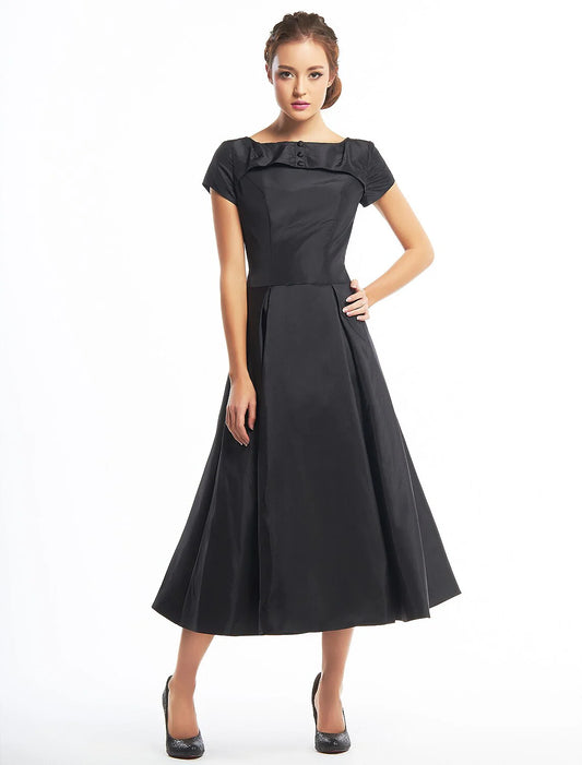 A-Line Black Dress Homecoming Wedding Guest Tea Length Short Sleeve Boat Neck Taffeta with Buttons