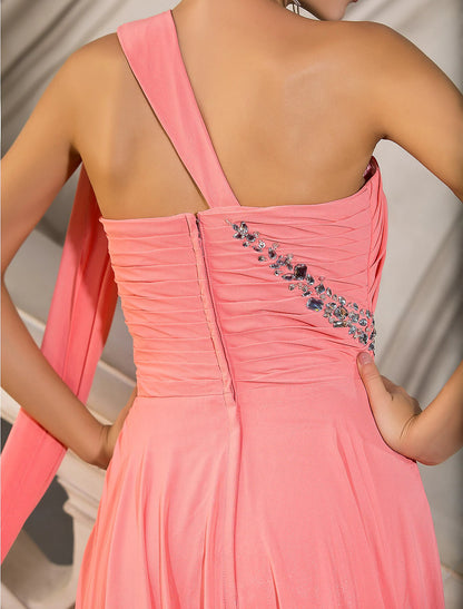 A-Line Elegant Dress Wedding Guest Engagement Court Train Sleeveless One Shoulder Chiffon with Crystals Draping