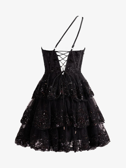 A Line One Shoulder Tiered Lace Short Homecoming Dress