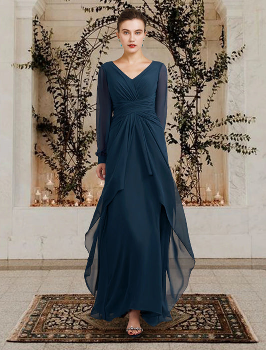 A-Line Mother of the Bride Dress Plus Size Elegant V Neck Floor Length Chiffon Long Sleeve with Ruched Ruffles Side-Draped