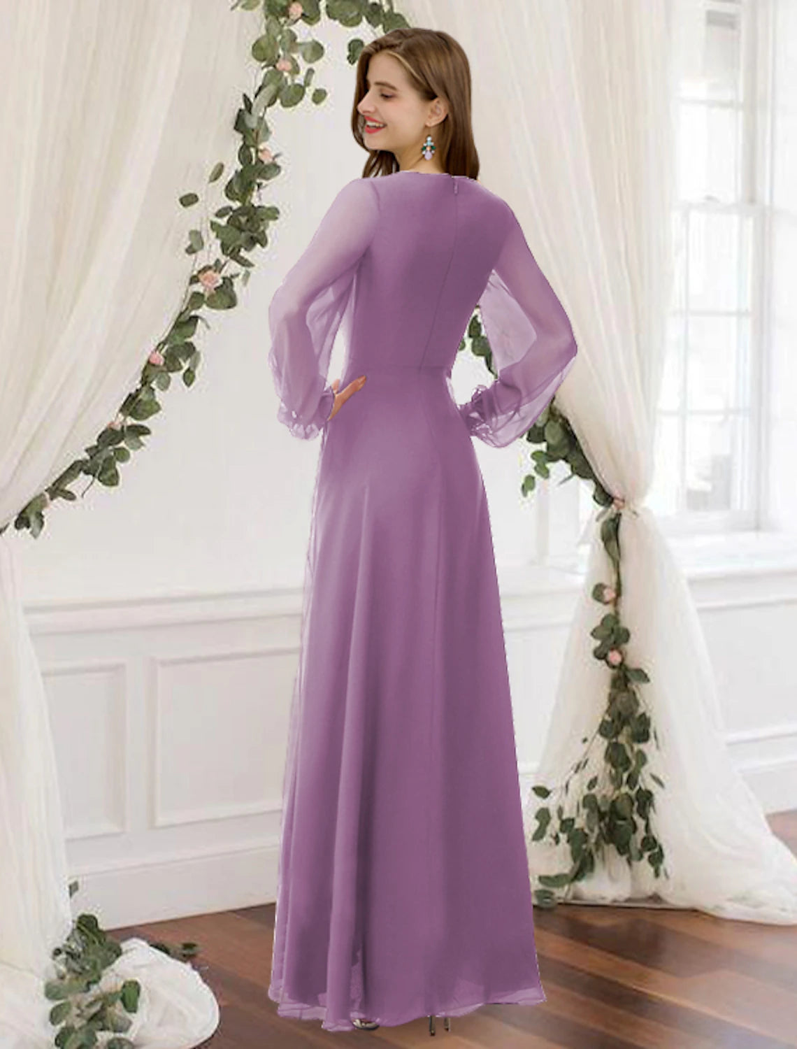 A-Line Prom Dresses Empire Dress Wedding Guest Prom Ankle Length Long Sleeve V Neck Chiffon with Pleats