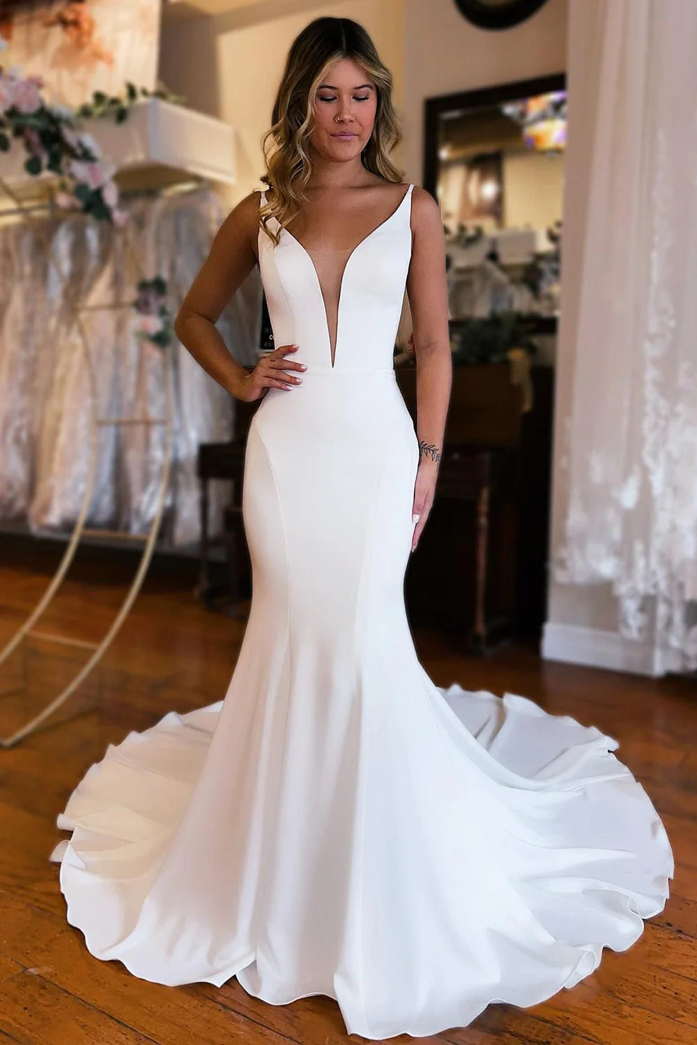 Mermaid Simple Backless Boho Wedding Dress