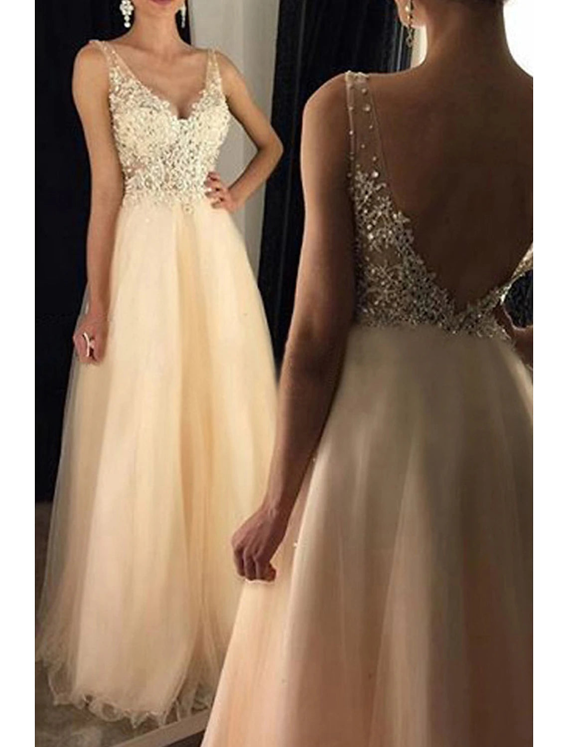 A-Line Prom Dresses Sparkle & Shine Dress Formal Wedding Guest Floor Length Sleeveless V Neck Tulle V Back with Beading Appliques