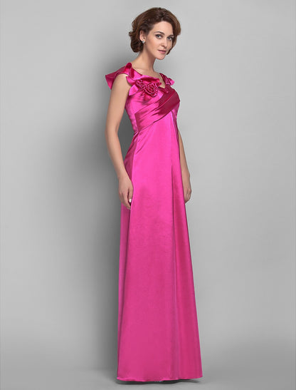 A-Line Mother of the Bride Dress Floral Off Shoulder Floor Length Satin Sleeveless with Ruffles Side Draping Flower