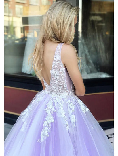 Ball Gown A-Line Prom Dresses Color Block Dress Formal Prom Floor Length Sleeveless V Neck Tulle Backless V Back with Beading Appliques