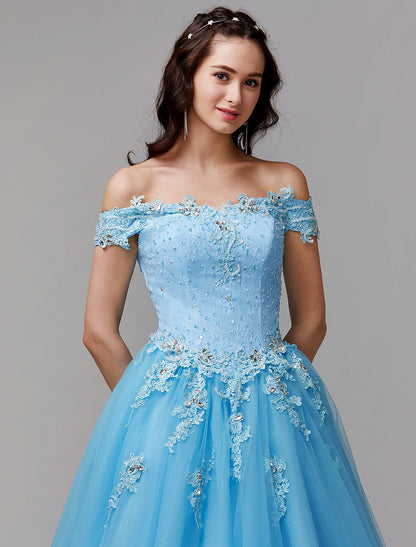 Ball Gown Vintage Inspired Dress Formal Evening Floor Length Sleeveless Off Shoulder Lace with Crystals Appliques