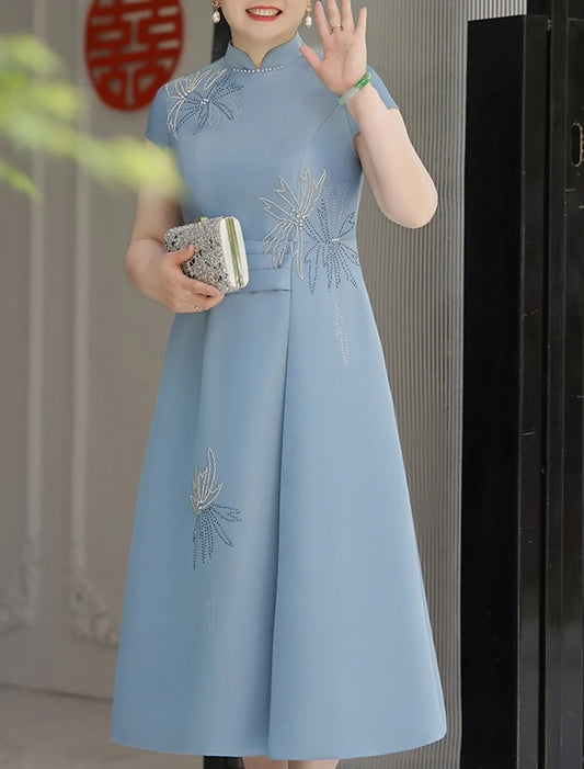 A-Line Cocktail Dresses Elegant Dress Wedding Party Tea Length Short Sleeve Stand Collar Satin with Appliques