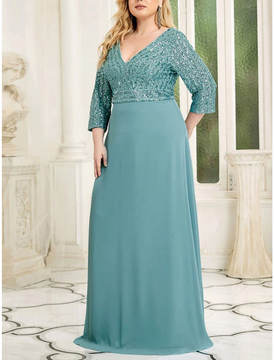 A-Line Plus Size Curve Mother of the Bride Dress Wedding Guest Sparkle & Shine Elegant V Neck Floor Length Chiffon Sequined 3/4 Length Sleeve with Pleats Sequin Solid Color