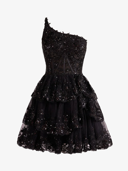 A Line One Shoulder Tiered Lace Short Homecoming Dress