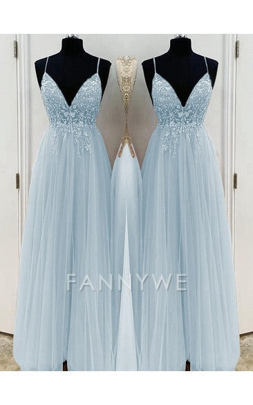 A-Line/Elegant Spaghetti Straps Sleeveless Beading Tulle Floor-Length formal dresses Bridesmaid Dresses evening gown Prom Dress With Split