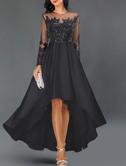 A-Line Cocktail Dresses Wedding Guest Party Wear Asymmetrical Long Sleeve Jewel Neck Satin with Crystals Appliques