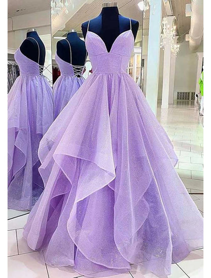 Ball Gown A-Line Prom Dresses Sparkle & Shine Dress Formal Wedding Party Dress Floor Length Sleeveless Sweetheart Tulle Backless with Pleats Ruffles