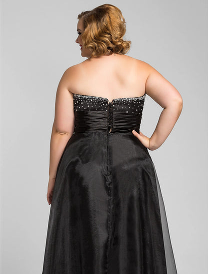A-Line Black Dress Prom Formal Evening Floor Length Sleeveless Sweetheart Organza with Ruched Beading