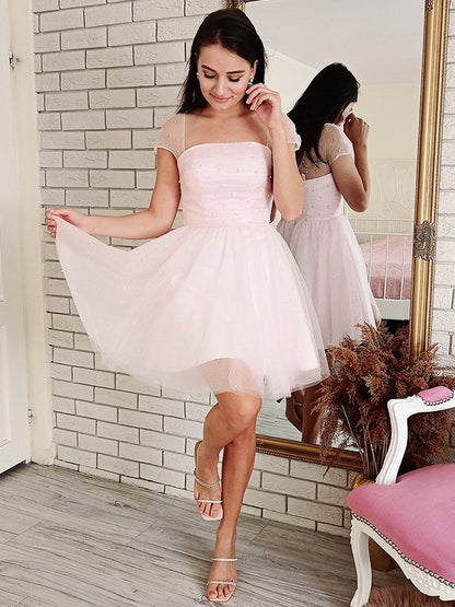 A-Line/Princess Tulle Beading Strapless Short Sleeves Short/Mini Dresses