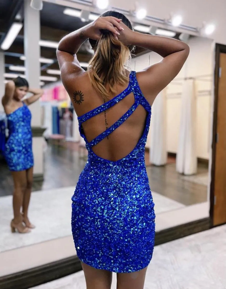 A-line One Shoulder Glitter Sequin Homecoming Dress