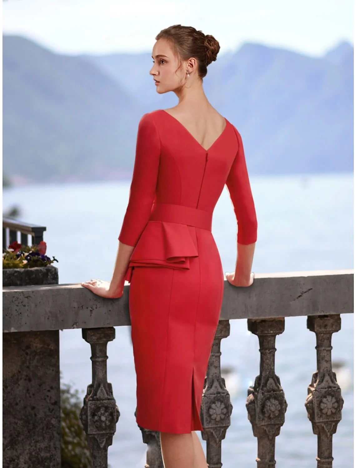 Sheath / Column Cocktail Dresses Cocktail Party Knee Length Christmas Red Green Dress 3/4 Length Sleeve V Neck Polyester with Ruffles Slit