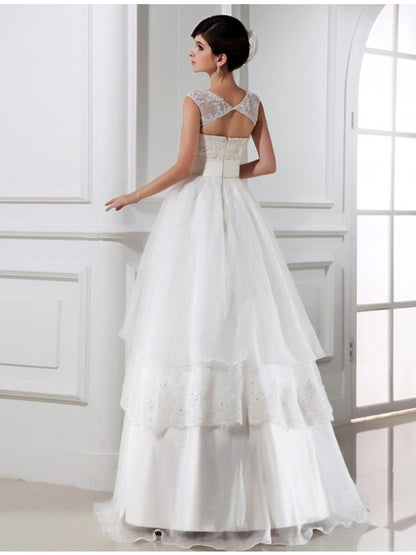 A-Line/Princess Beading Sleeveless Long Lace Organza Wedding Dresses