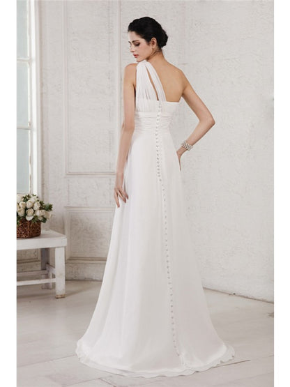 A-Line/Princess One-Shoulder Sleeveless Beading Applique Long Chiffon Wedding Dresses