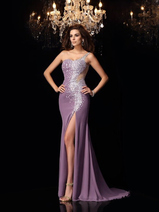 Trumpet/Mermaid One-Shoulder Rhinestone Sleeveless Long Chiffon Dresses