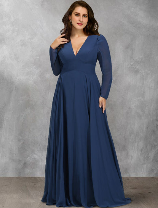 A-Line Mother of the Bride Dresses Plus Size Hide Belly Curve Vintage Dress Formal Floor Length Long Sleeve V Neck Chiffon with Pleats Ruffles