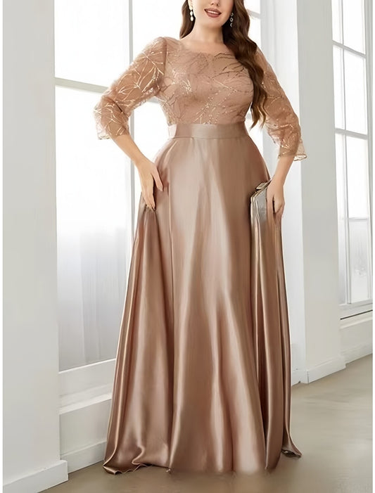 A-Line Plus Size Curve Mother of the Bride Dress Wedding Guest Plus Size Sparkle & Shine Scoop Neck Sweep / Brush Train Satin 3/4 Length Sleeve with Pleats Sequin