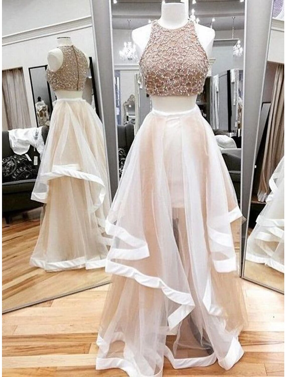 Two Piece Ball Dress Pink Tulle Lace Long Prom Dress, A-Line Two Pieces Graduation Dress Two Piece Ball Dress Pink Tulle Lace Long Prom Dress, A-Line Two Pieces Graduation Dress