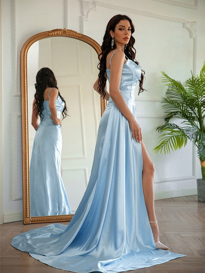 Sheath/Column Woven Satin Ruched Spaghetti Straps Sleeveless Sweep/Brush Train Dresses
