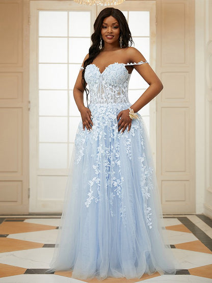 A-Line/Princess Tulle Applique Off-the-Shoulder Sleeveless Floor-Length Dresses