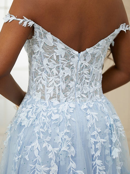 A-Line/Princess Tulle Applique Off-the-Shoulder Sleeveless Floor-Length Dresses