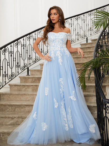 A-Line/Princess Tulle Applique Off-the-Shoulder Sleeveless Sweep/Brush Train Dresses