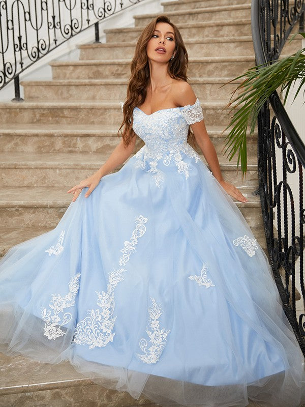 A-Line/Princess Tulle Applique Off-the-Shoulder Sleeveless Sweep/Brush Train Dresses