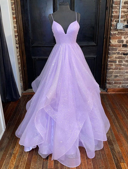 Ball Gown A-Line Prom Dresses Sparkle & Shine Dress Formal Wedding Party Dress Floor Length Sleeveless Sweetheart Tulle Backless with Pleats Ruffles