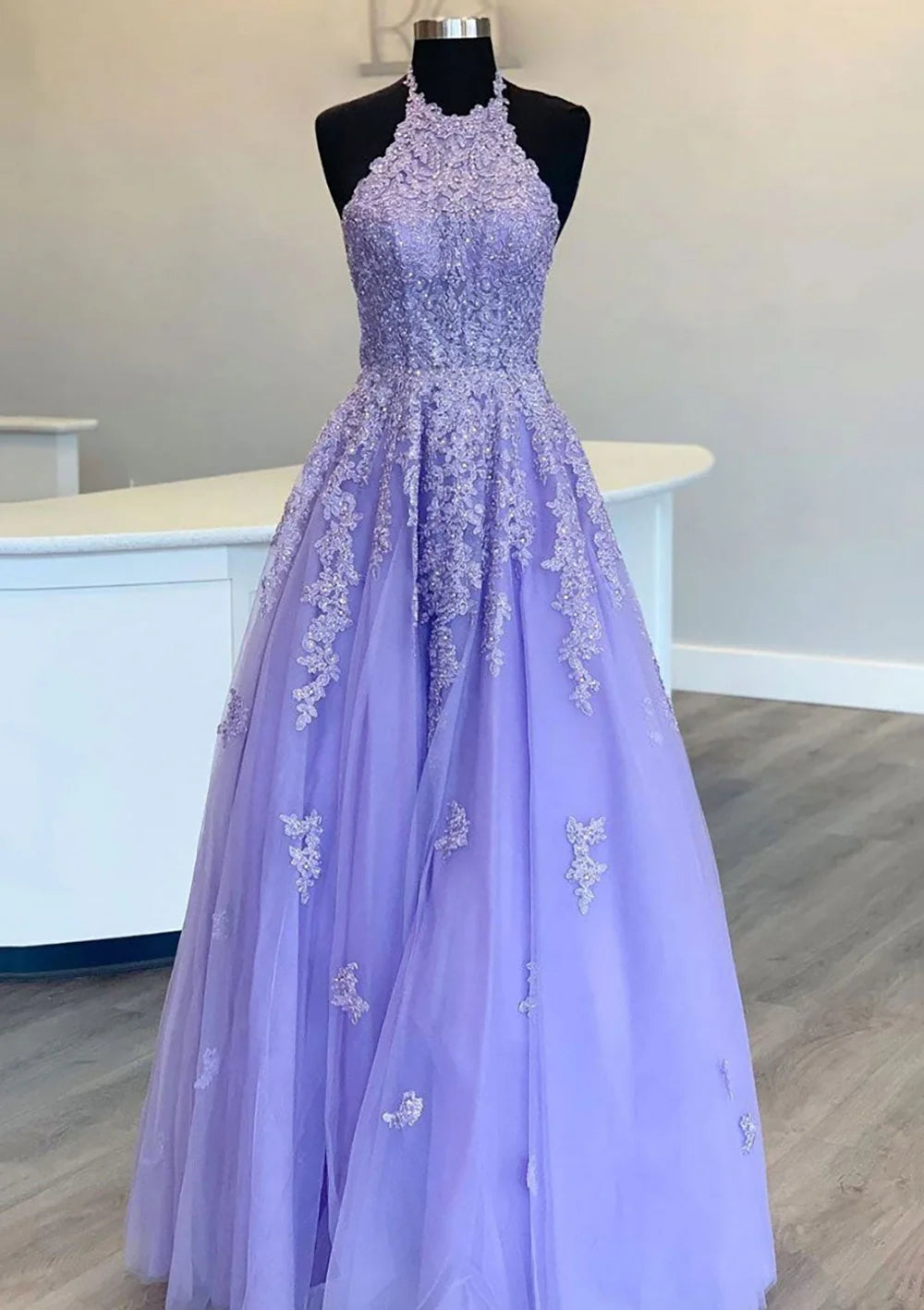 Halter Floor-Length Lace Tulle Prom Dress With Appliqued Beading