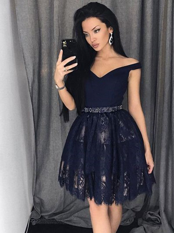 A-Line/Princess Sleeveless Satin Lace Off-the-Shoulder Beading Short/Mini Dresses