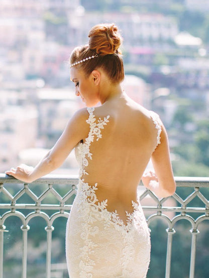 Trumpet/Mermaid Sleeveless Sweetheart Spaghetti Straps Court Train Applique Lace Tulle Wedding Dresses