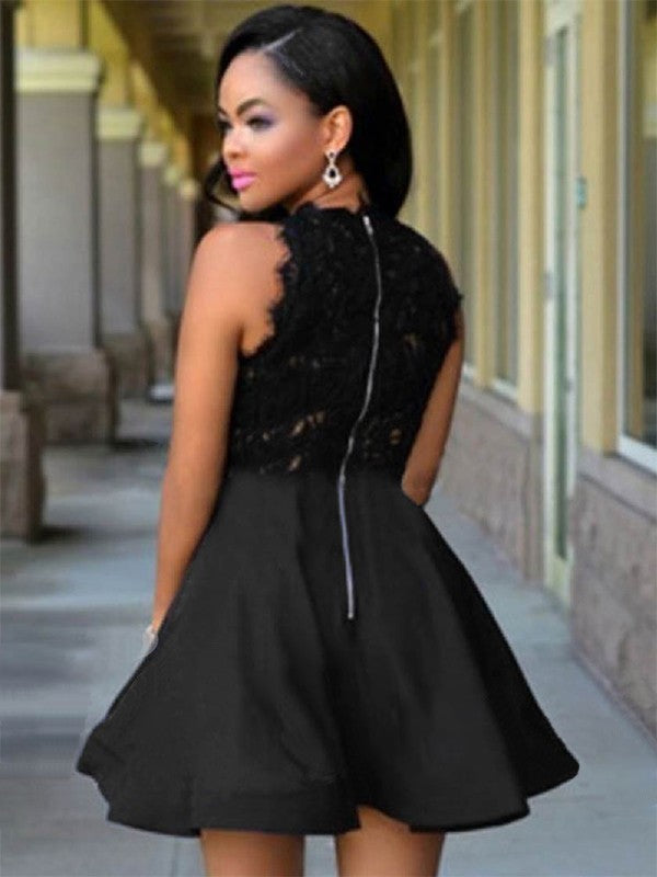 A-Line Jewel Cut Short With Lace Satin Black Homecoming Dresses