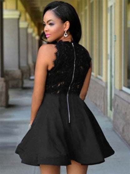 A-Line Jewel Cut Short With Lace Satin Black Homecoming Dresses