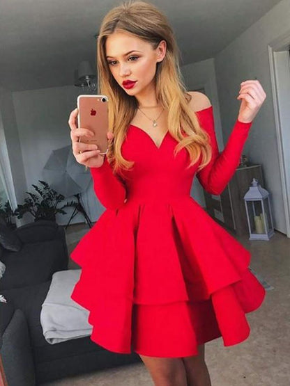 A-Line/Princess Stretch Crepe Off-the-Shoulder Ruffles Long Sleeves Short/Mini Dresses