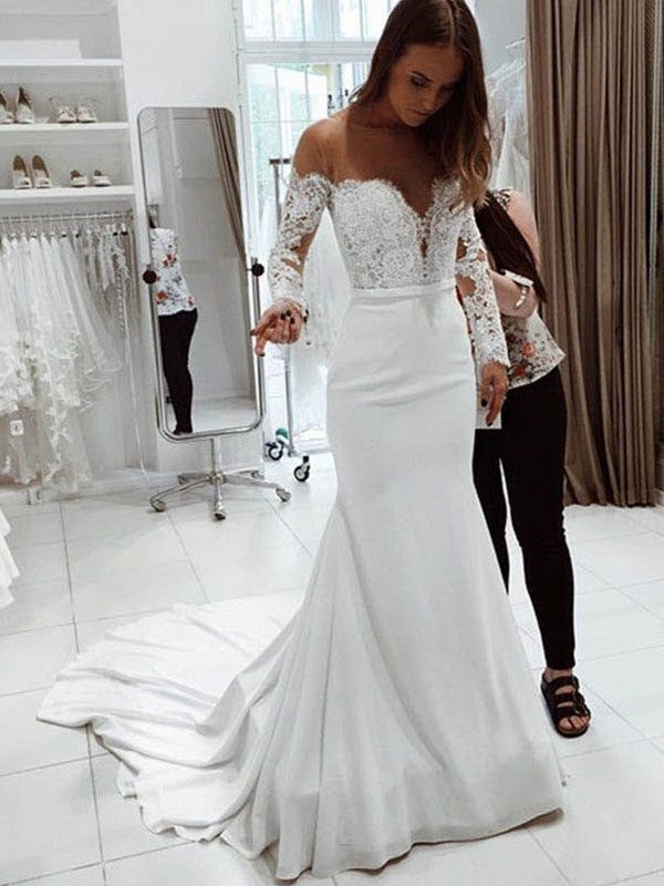 Trumpet/Mermaid Off-the-Shoulder Long Sleeves Court Train Lace Chiffon Wedding Dresses