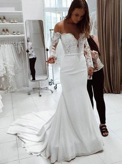 Trumpet/Mermaid Off-the-Shoulder Long Sleeves Court Train Lace Chiffon Wedding Dresses