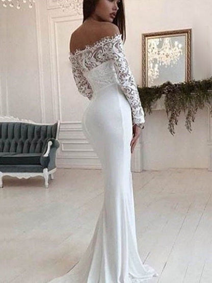 Trumpet/Mermaid Off-the-Shoulder Long Sleeves Court Train Lace Chiffon Wedding Dresses