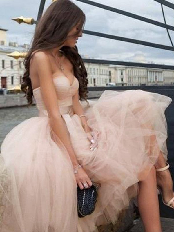 A-Line/Princess Tulle Sash/Ribbon/Belt Sweetheart Sleeveless Tea-Length Homecoming Dresses